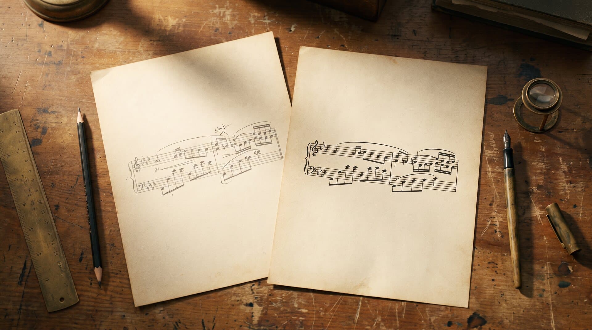 Handschriftliche Notenskizze und gestochenes Notenbild auf dem Setzertisch